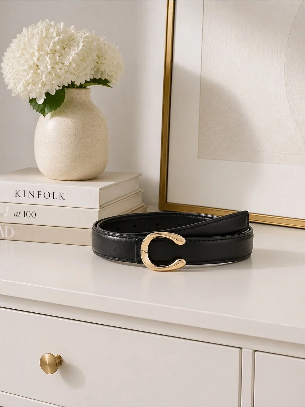 Black Leather Belt with Gold C-Frame Buckle